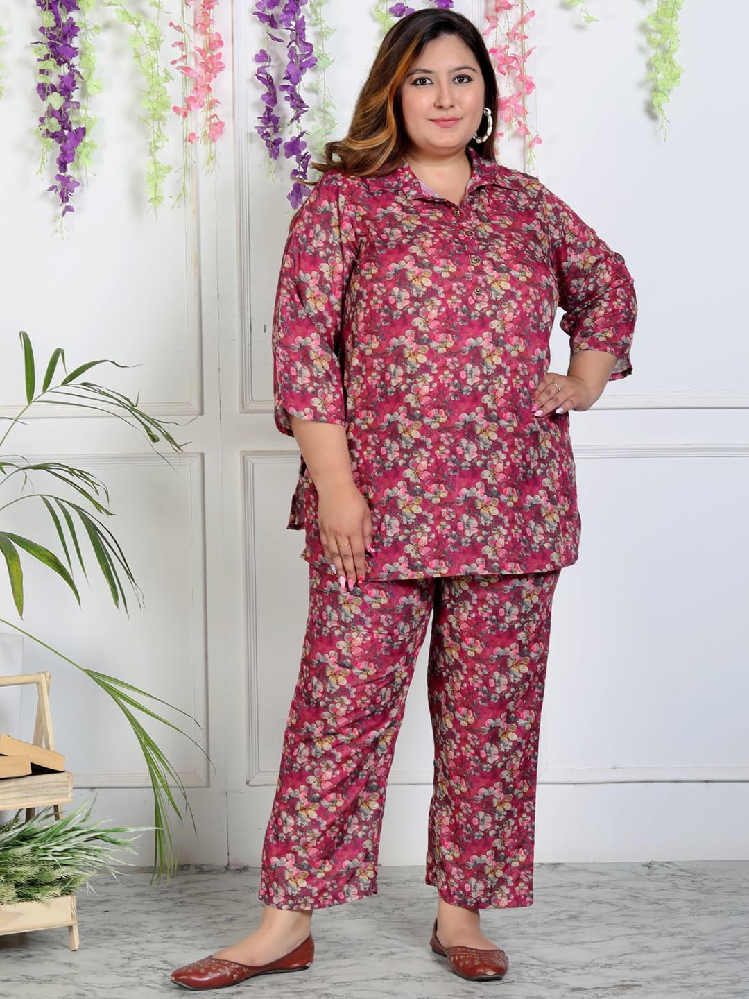 

KALINI Plus Size Floral Printed Shirt Collar Pure Cotton Tunic With Trousers, Maroon