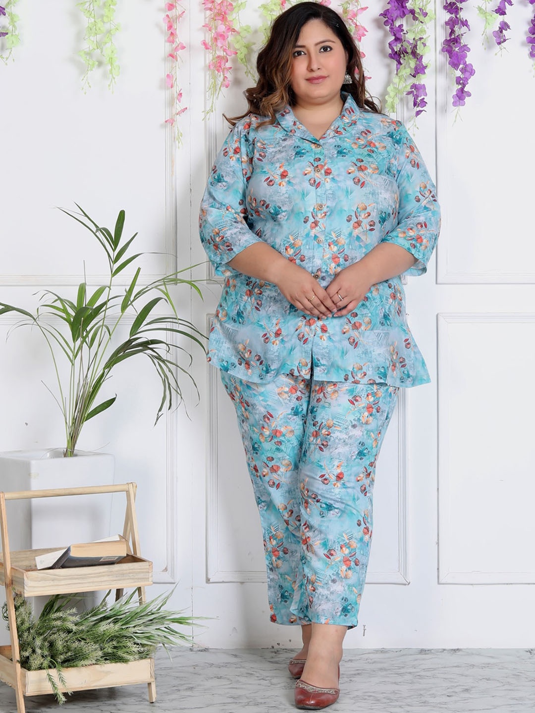 

KALINI Plus Size Floral Printed Shirt Collar Pure Cotton Tunic With Trousers, Blue