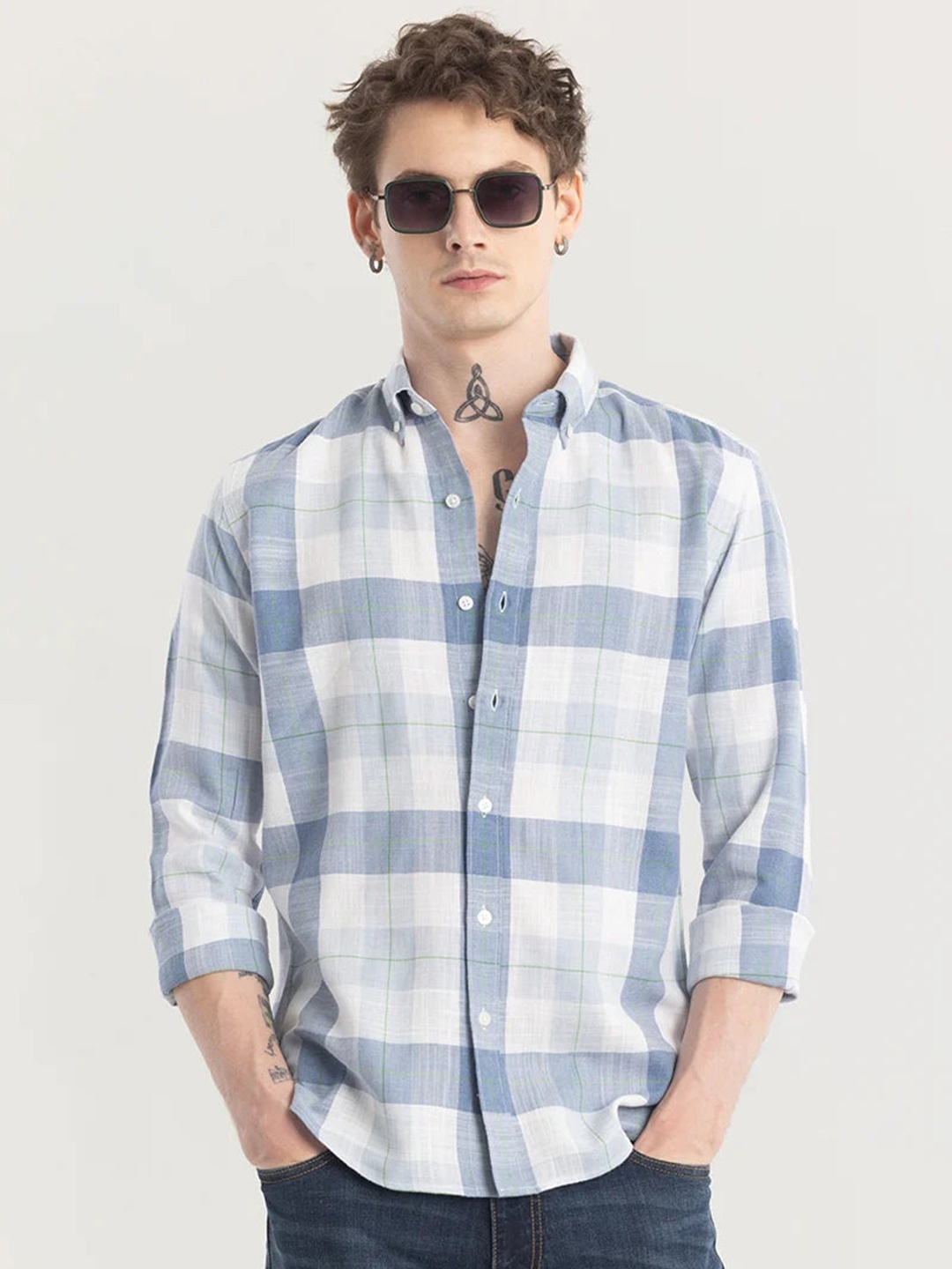 

Snitch Straight Skinny Fit Checked Cotton Casual Shirt, Blue