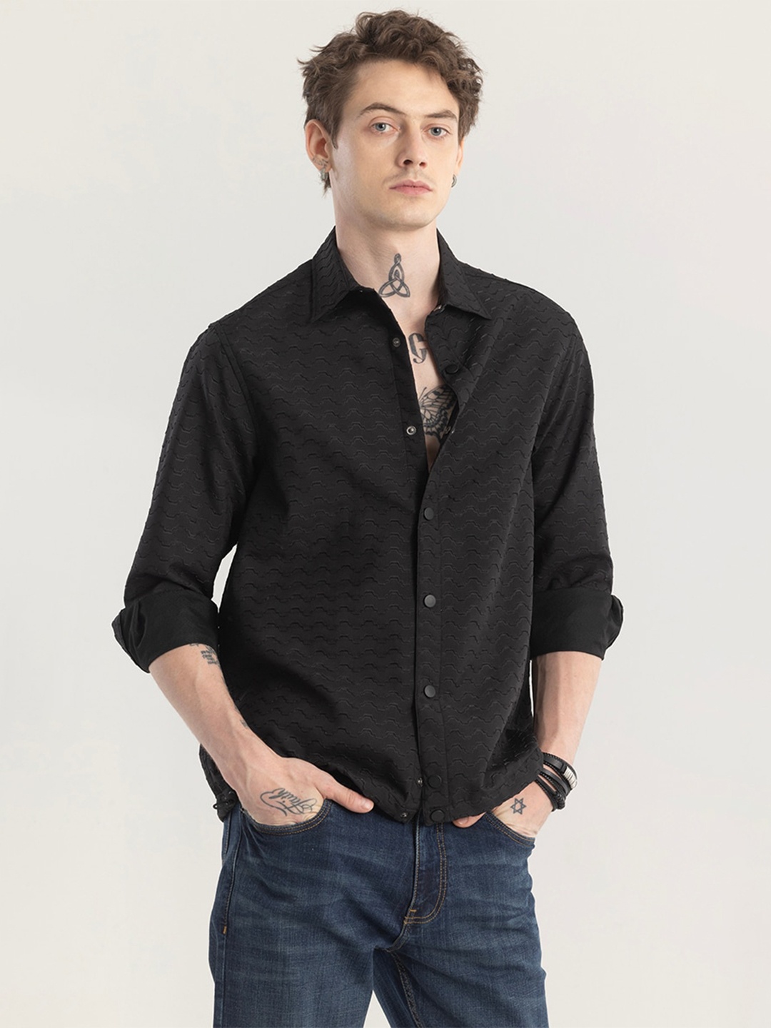 

Snitch Straight Slim Fit Self Design Spread Collar Casual Shirt, Black