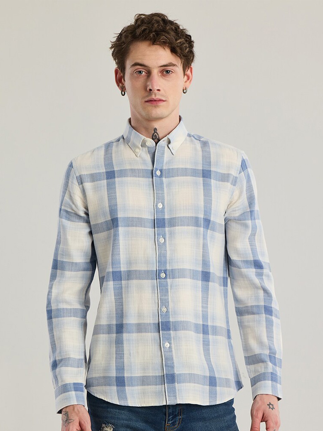 

Snitch Straight Skinny Fit Checked Cotton Casual Shirt, Blue