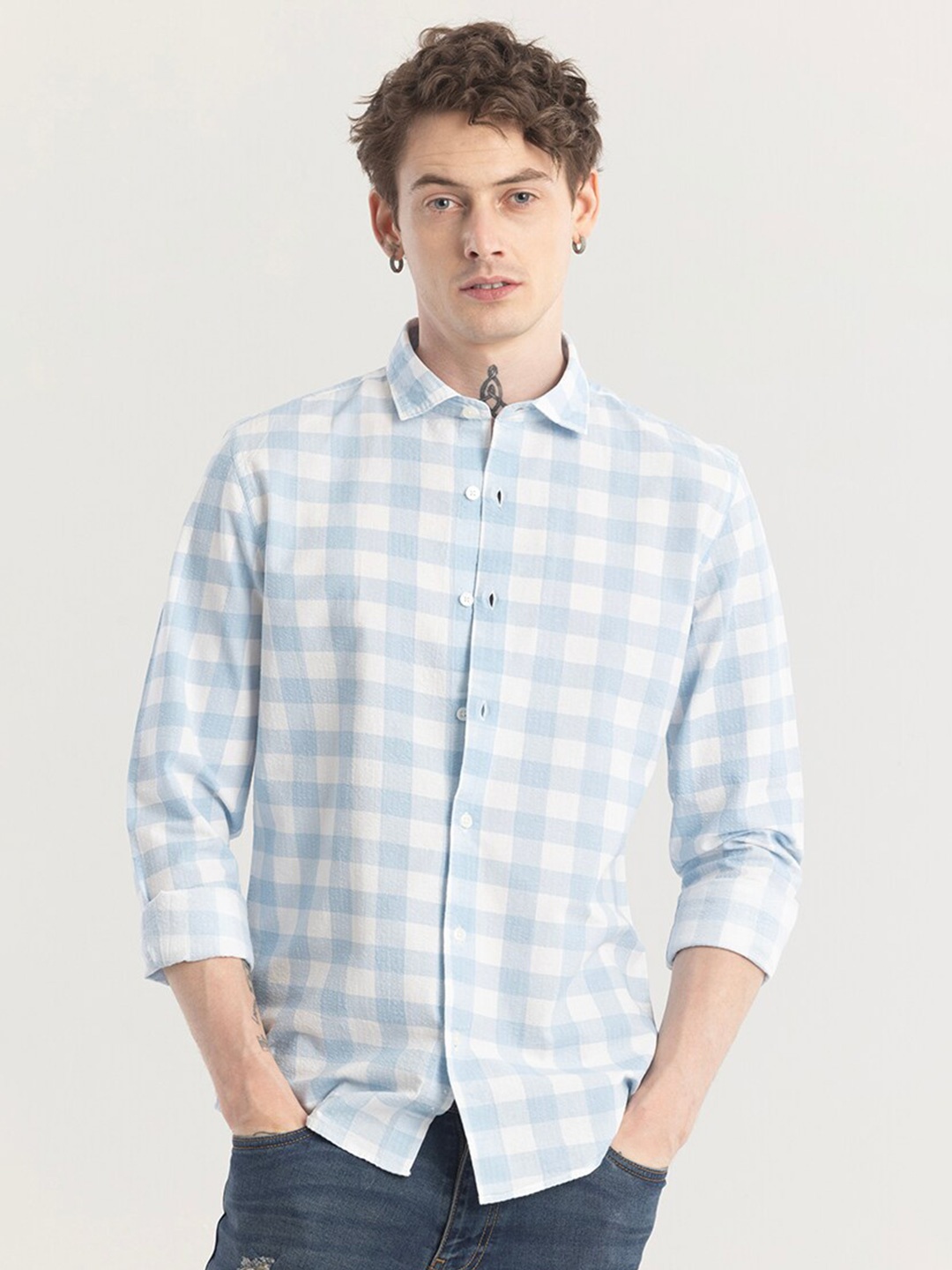 

Snitch Straight Skinny Fit Gingham Checked Spread Collar Long Sleeves Cotton Casual Shirt, Blue