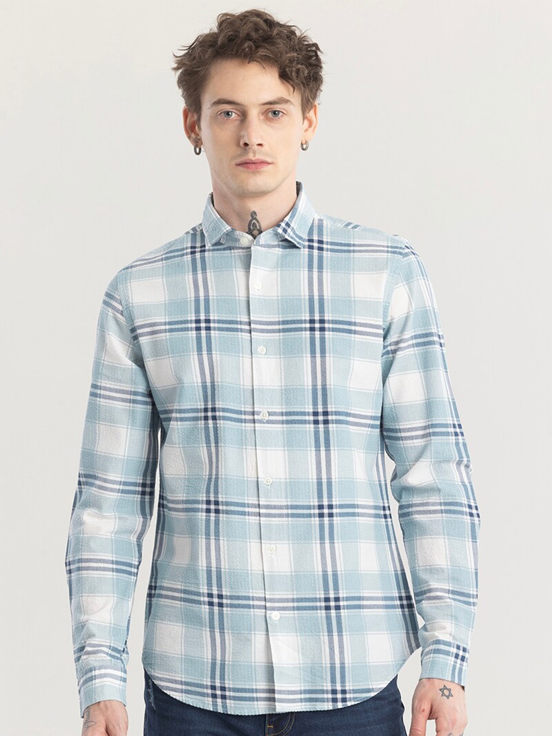 

Snitch Straight Skinny Fit Tartan Checked Spread Collar Long Sleeves Cotton Casual Shirt, Blue