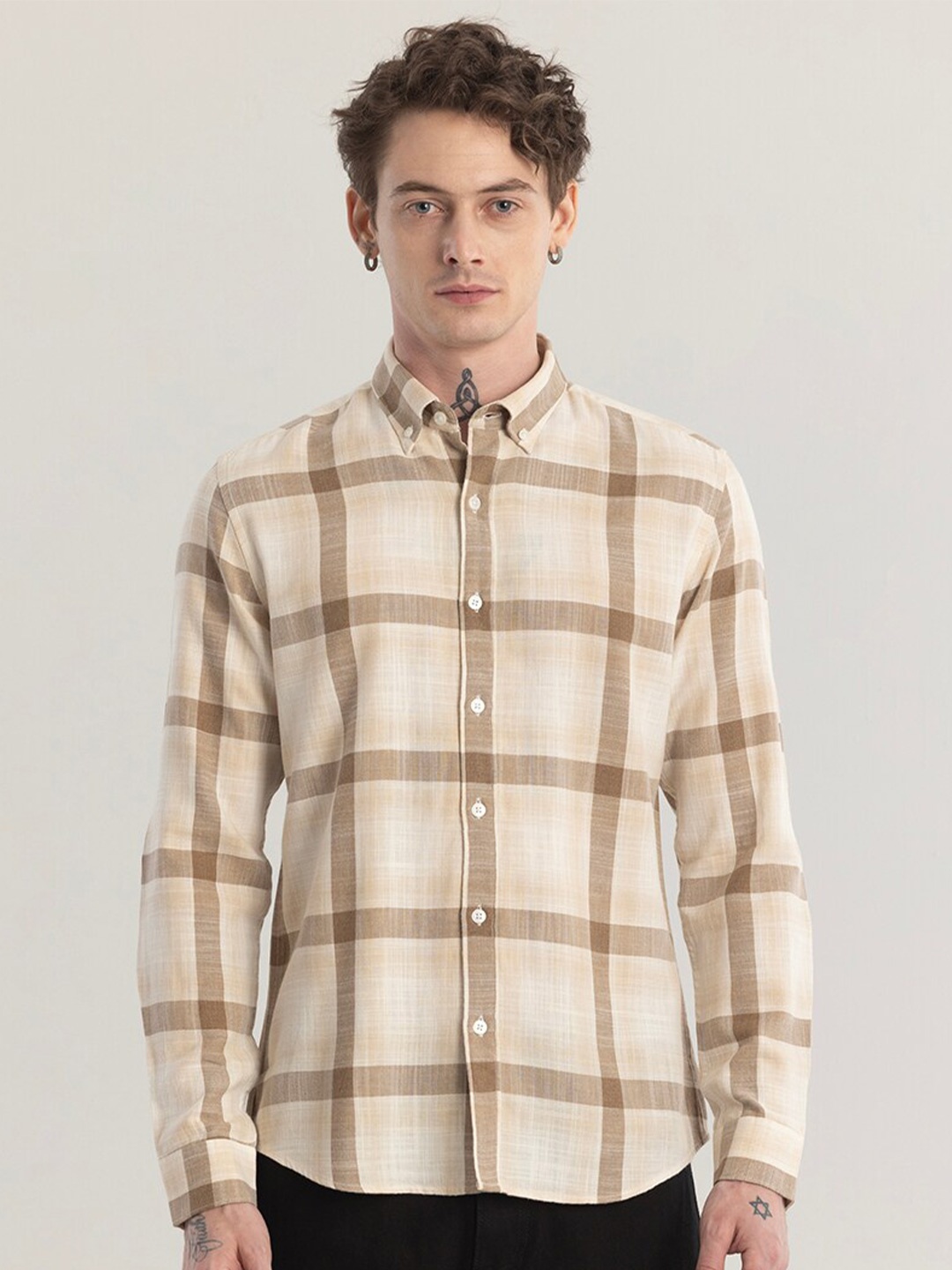 

Snitch Straight Skinny Fit Tartan Checks Cotton Casual Shirt, Beige