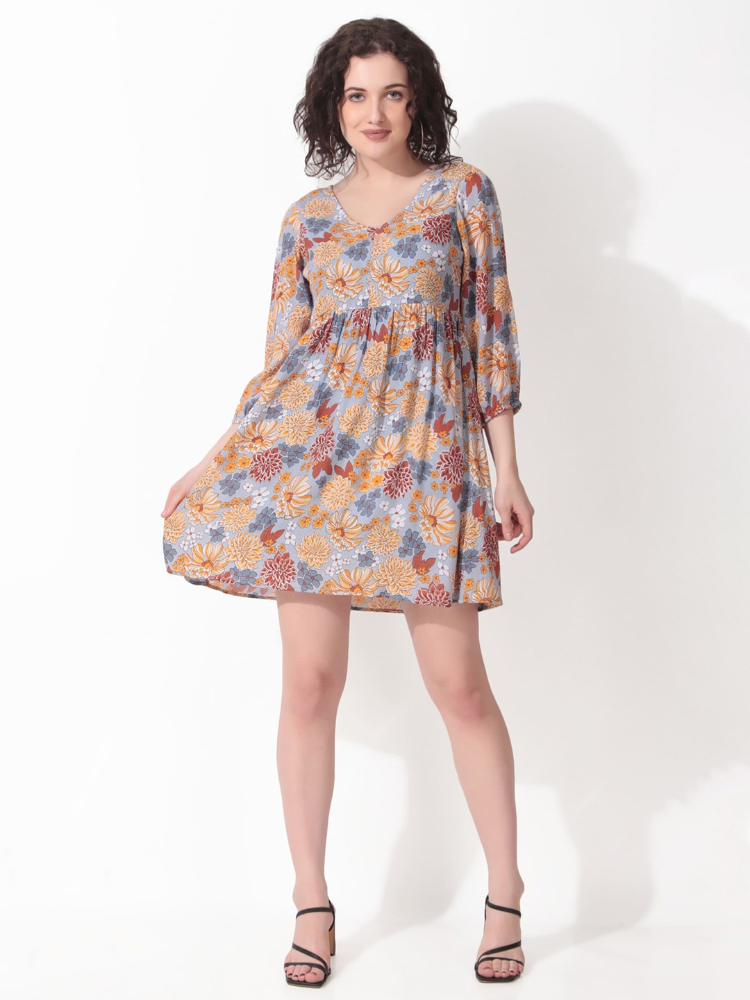 

Seryeon V Neck Puff Sleeves Floral Print Liva Fit & Flare Dress, Grey