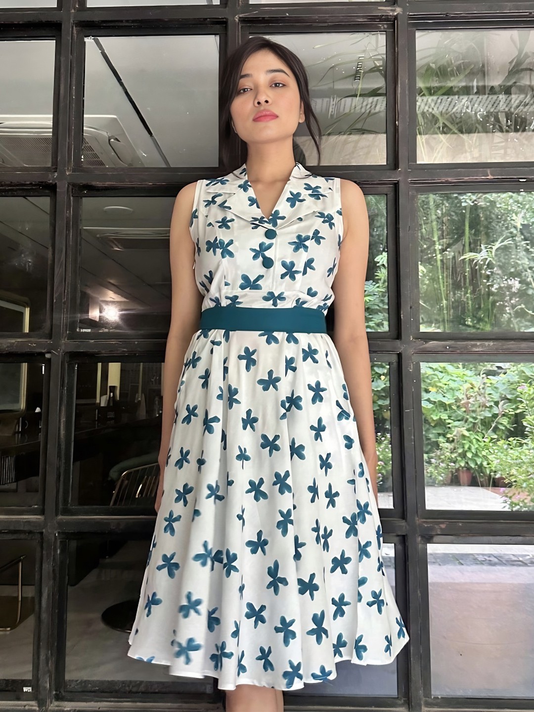 

Seryeon Cuban Collar Polka Dot Print Fit and Flare Dress, White