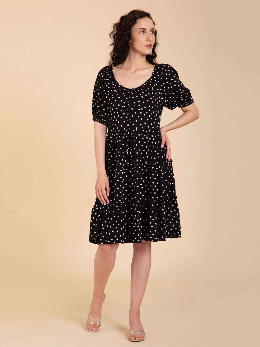 

Seryeon Round Neck Puff Sleeves Polka Dot Print Liva A-Line Dress, Black