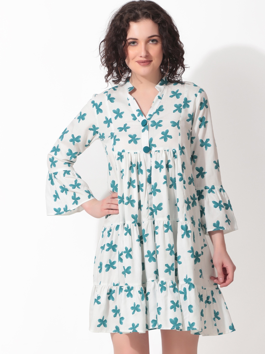 

Seryeon Mandarin Collar Floral Print Liva Fit & Flare Dress, White