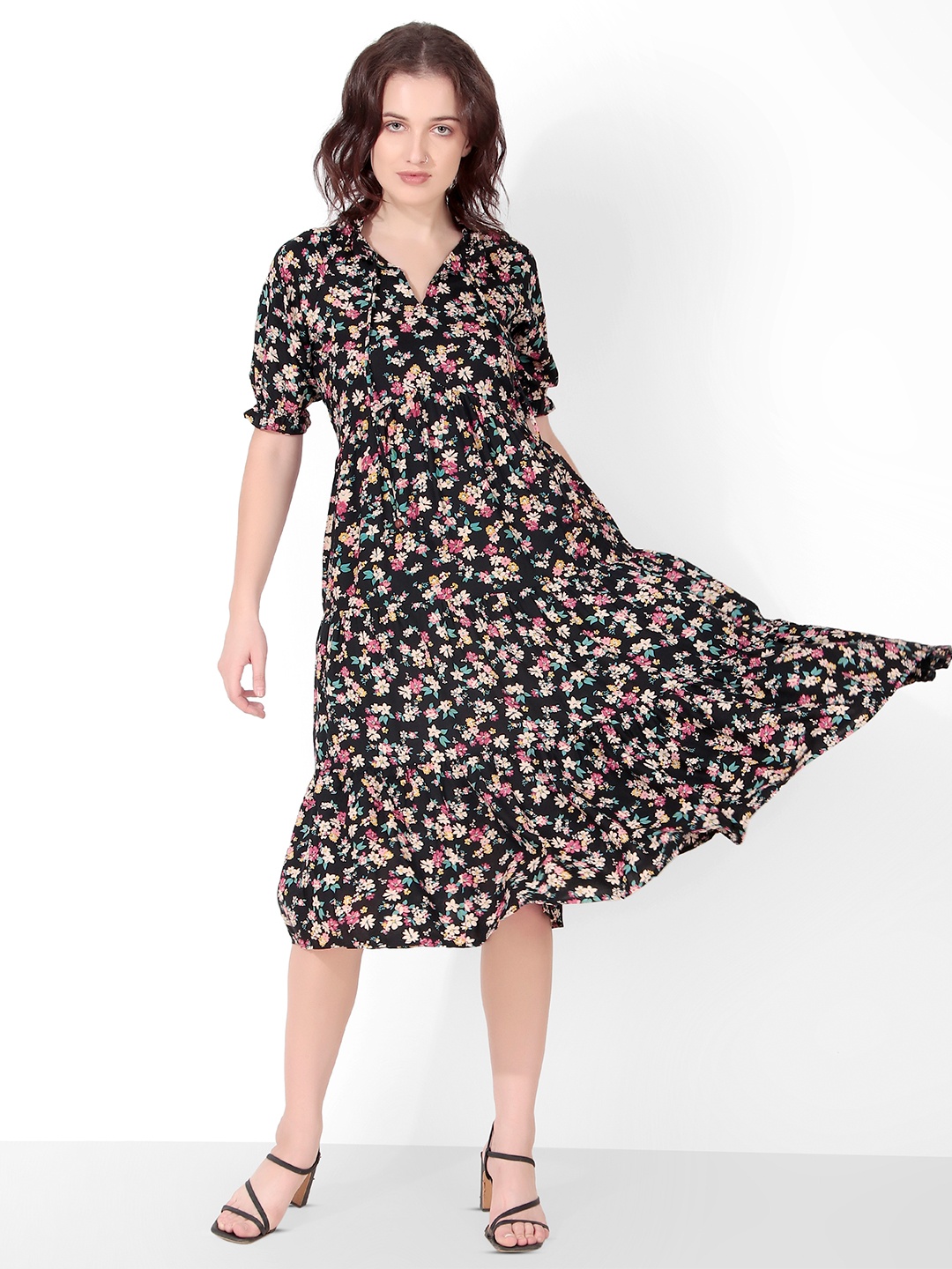 

Seryeon Floral Print Tie-Up Neck Puff Sleeves Fit & Flare Midi Dress, Black