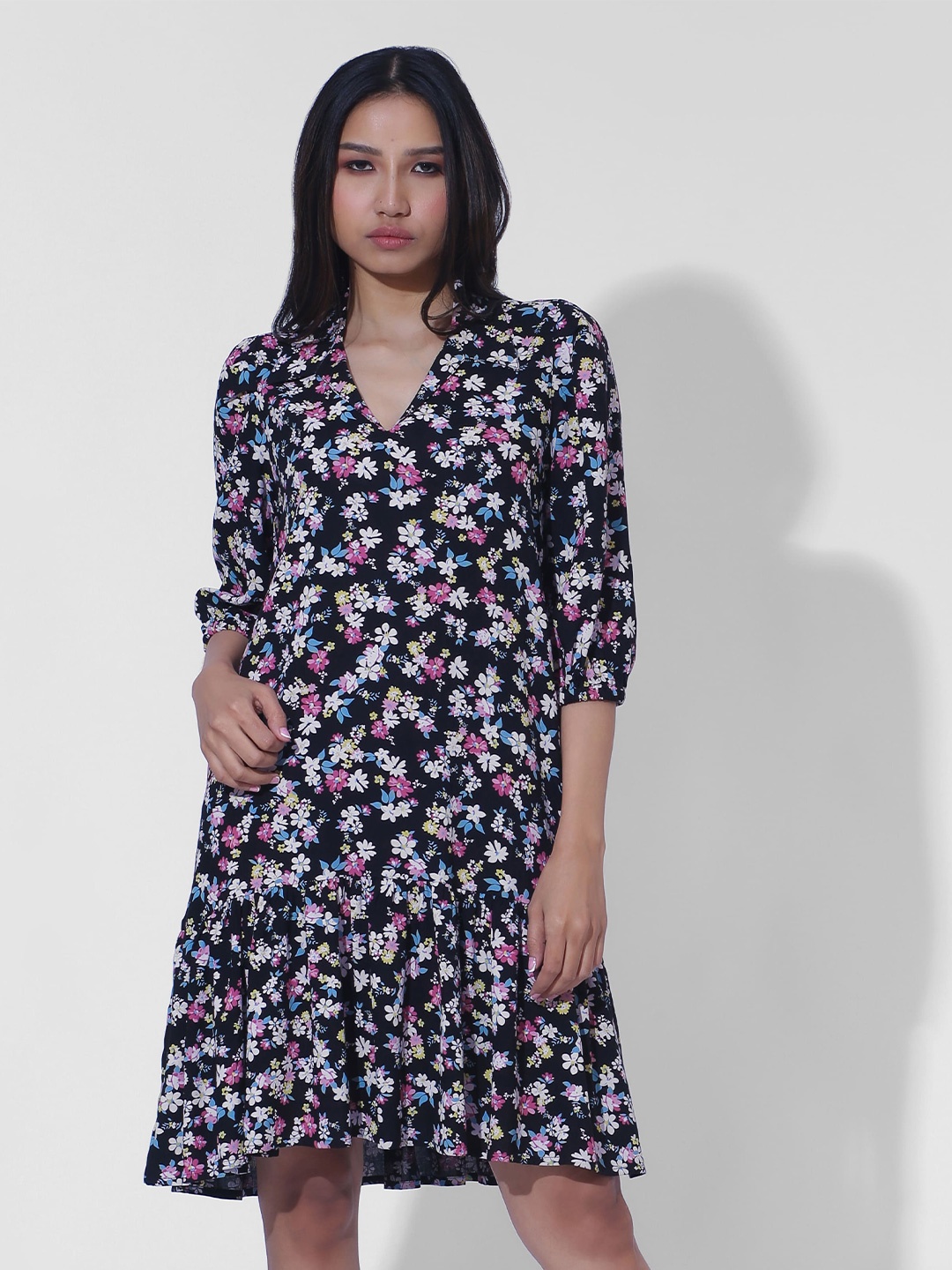 

Seryeon V Neck Floral Print Drop-Waist Dress, Black