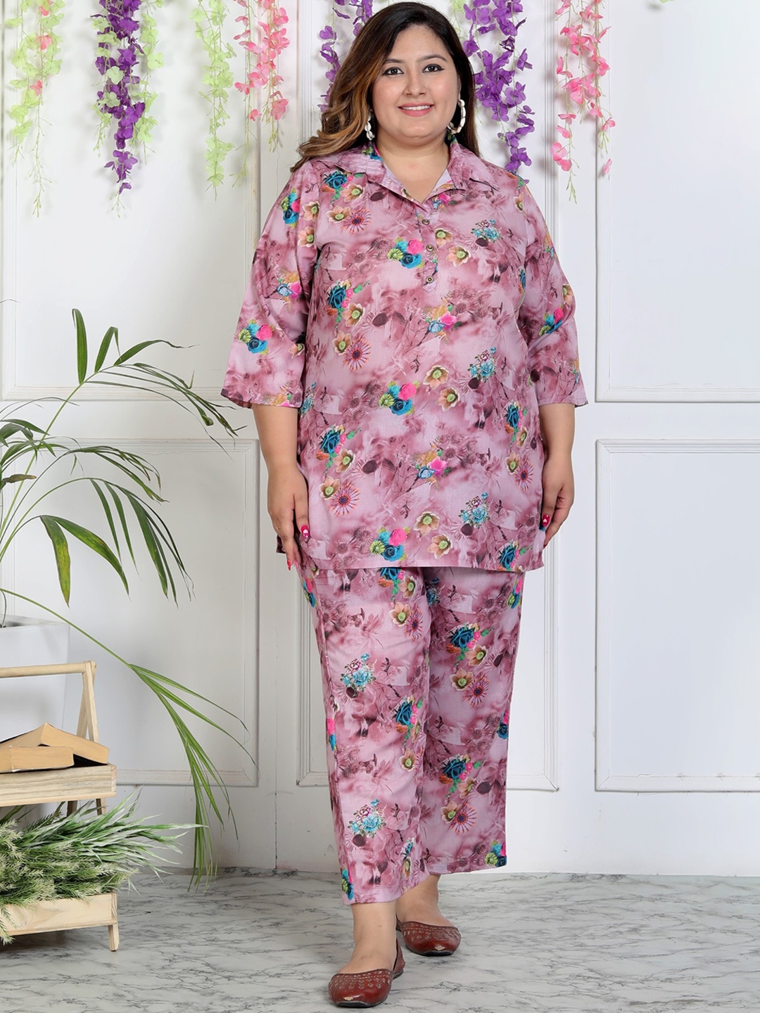 

KALINI Plus Size Floral Printed Shirt Collar Pure Cotton Tunic With Trousers, Mauve