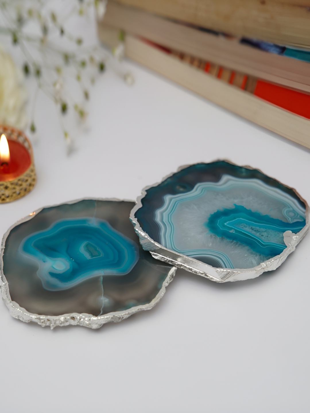 

HOMEARTE Turquoise Blue 2 Pieces Agate Stone Coasters