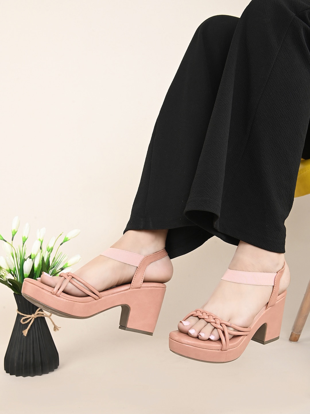 

XE Looks Textured Open Toe Block Heels, Peach
