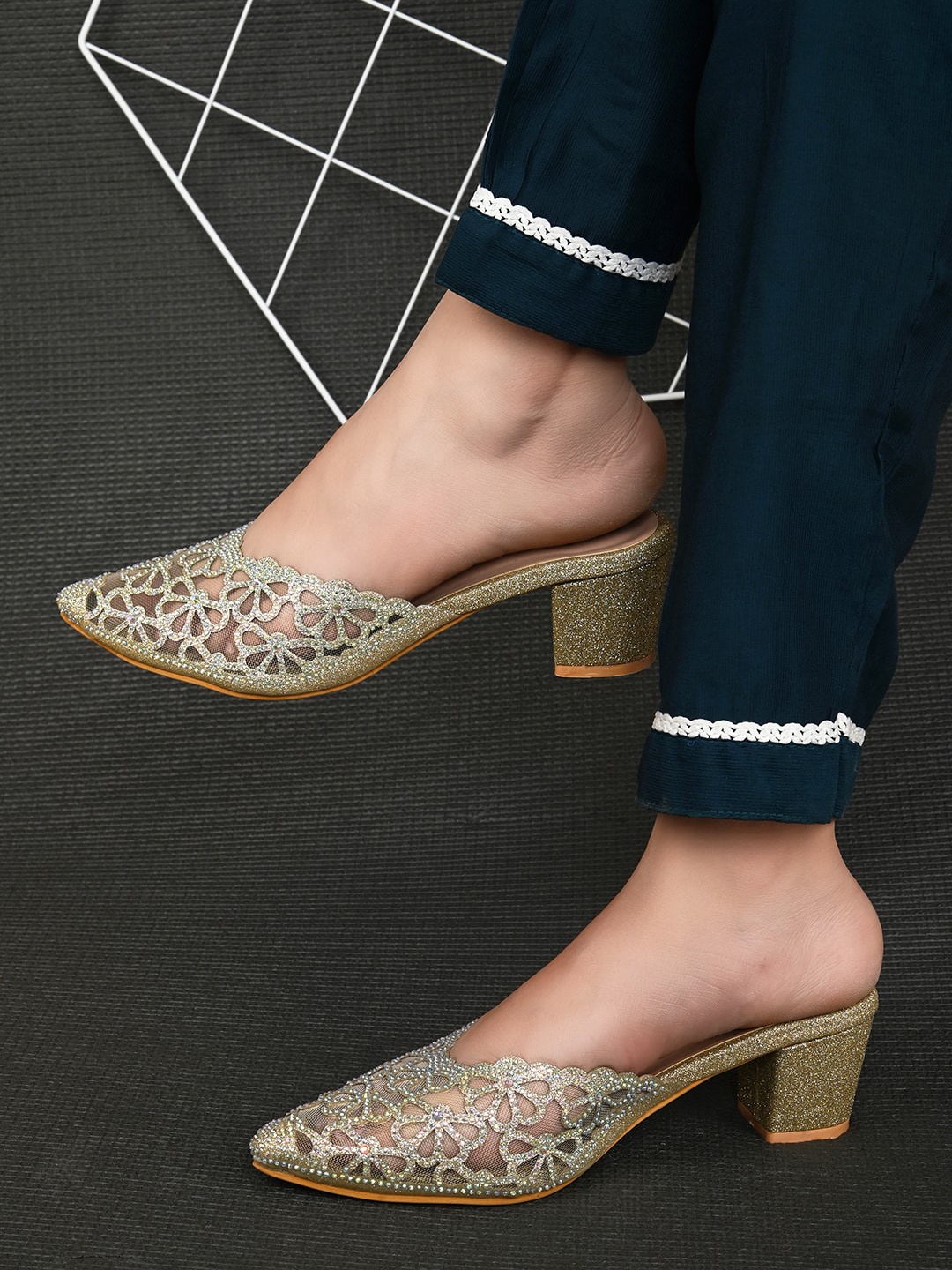 

XE Looks Embellished Block Heel Mules, Gold