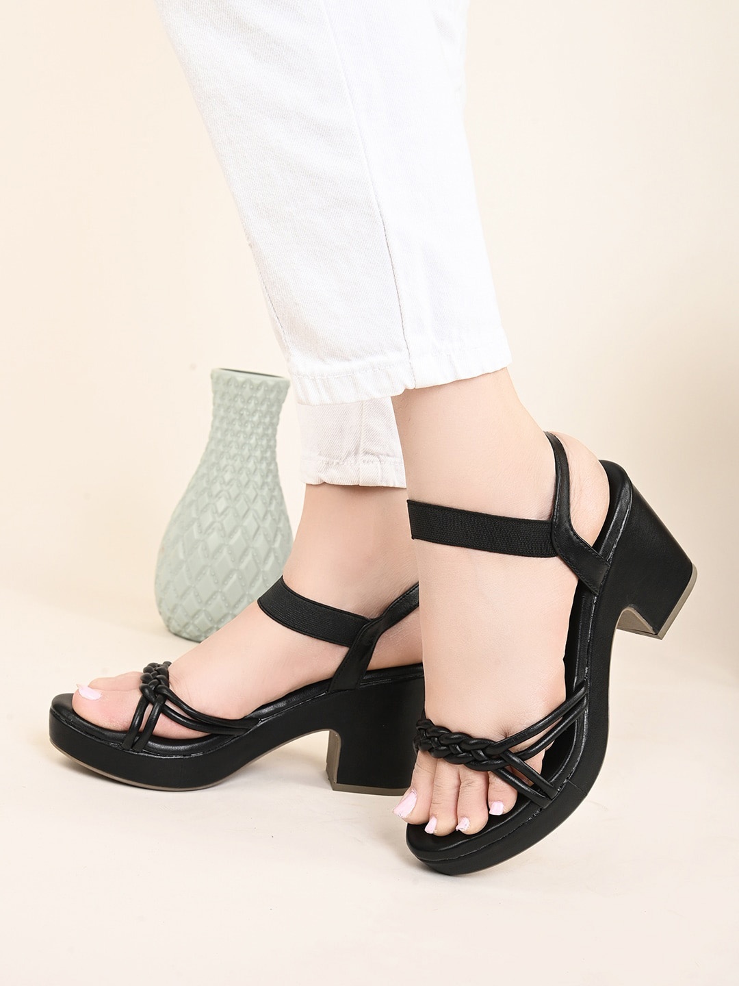 

XE Looks Textured Open Toe Block Heels, Black