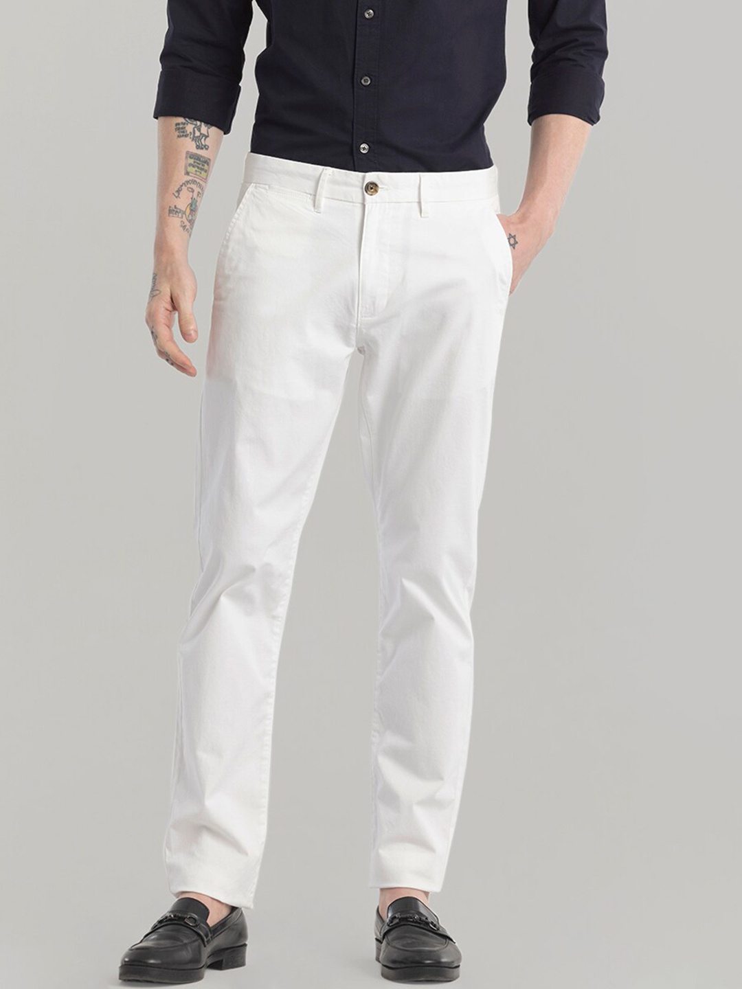 

Snitch Men White Slim Fit Mid-Rise Cotton Formal Trousers