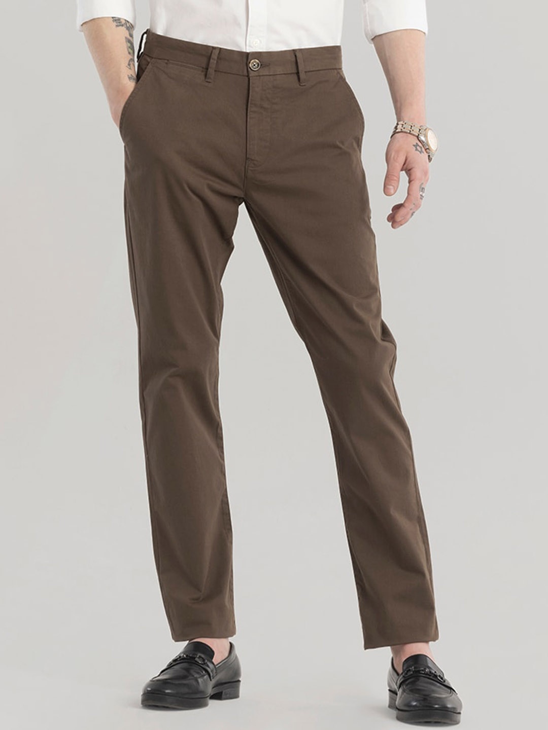 

Snitch Men Brown Slim Fit Mid-Rise Cotton Formal Trousers