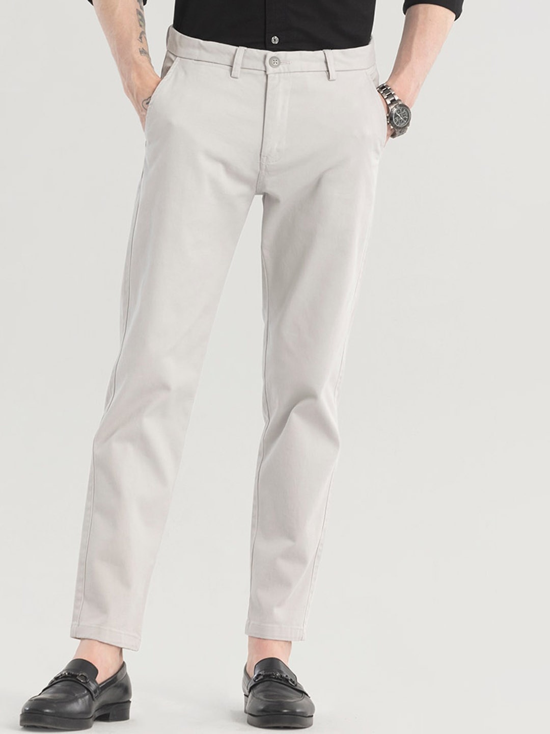 

Snitch Men Off White Slim Fit Mid-Rise Cotton Formal Trousers