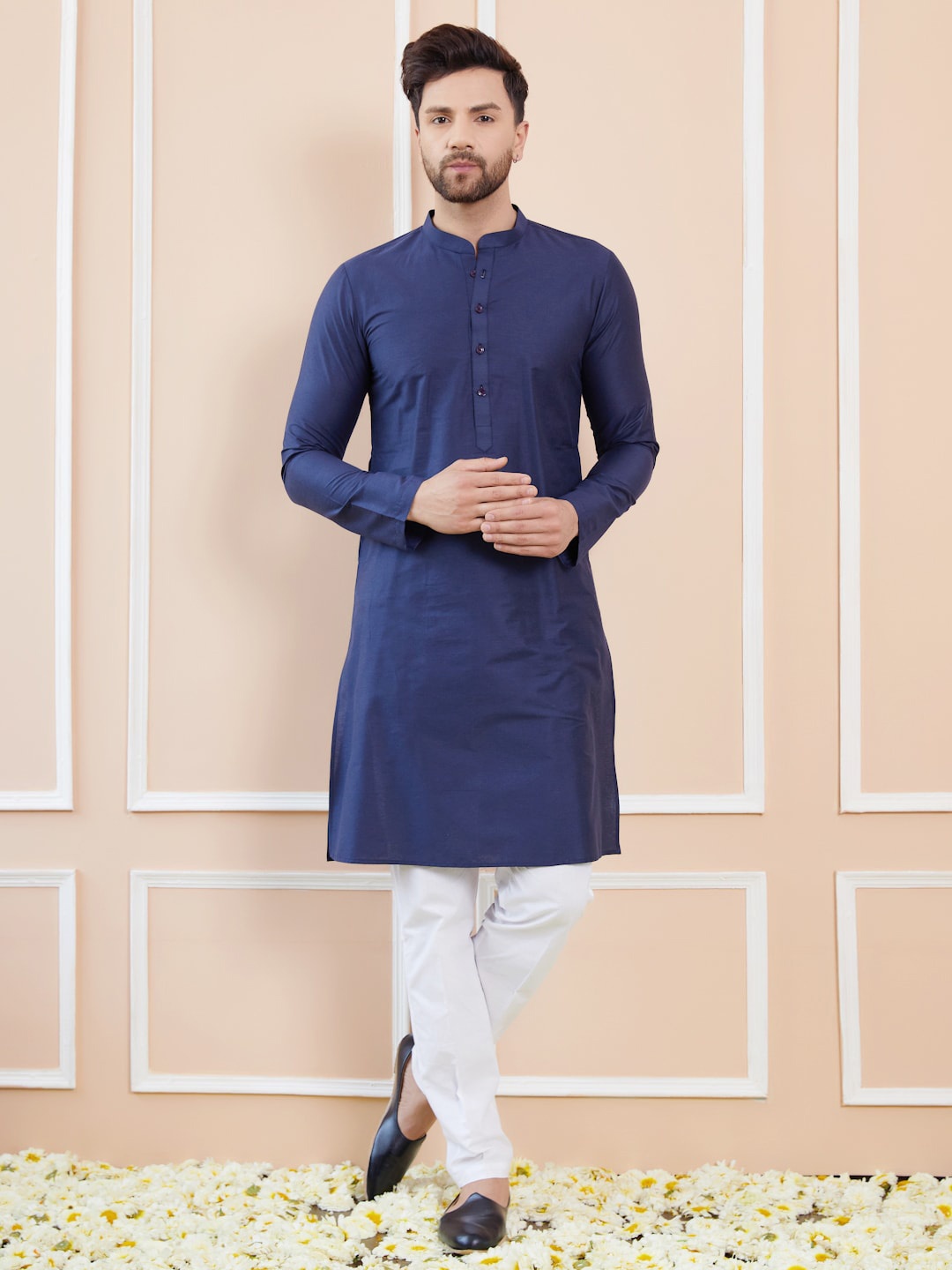 

See Designs Regular Long Sleeves Mandarin Collar Pure Cotton Kurta with Pyjamas, Blue