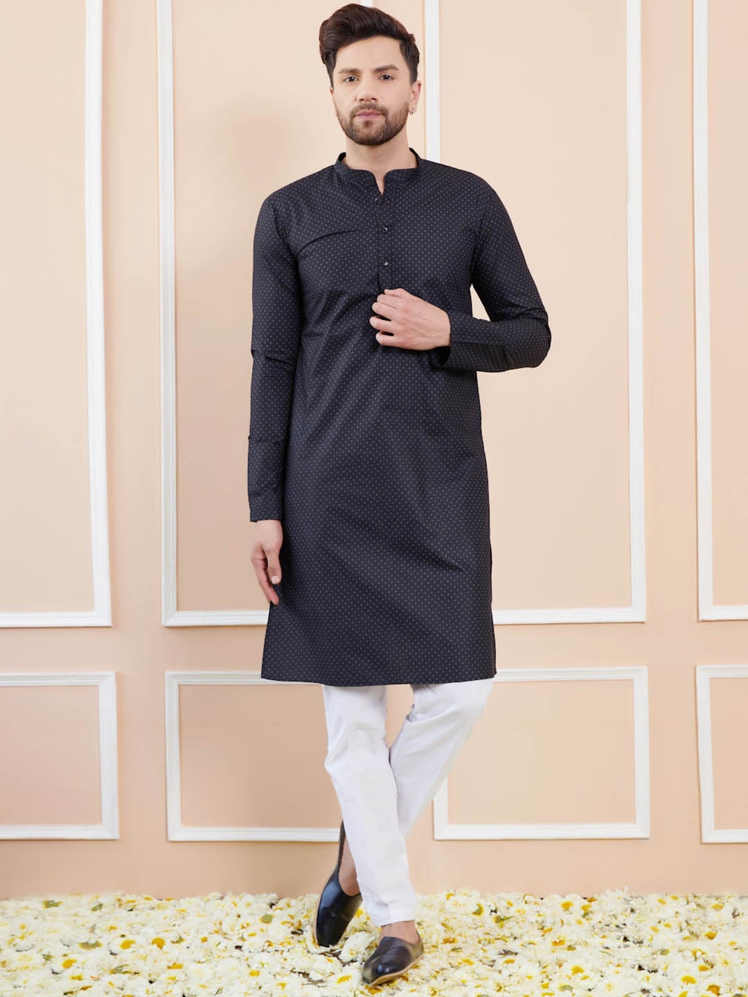 

See Designs Regular Long Sleeves Mandarin Collar Pure Cotton Kurta with Pyjamas, Black