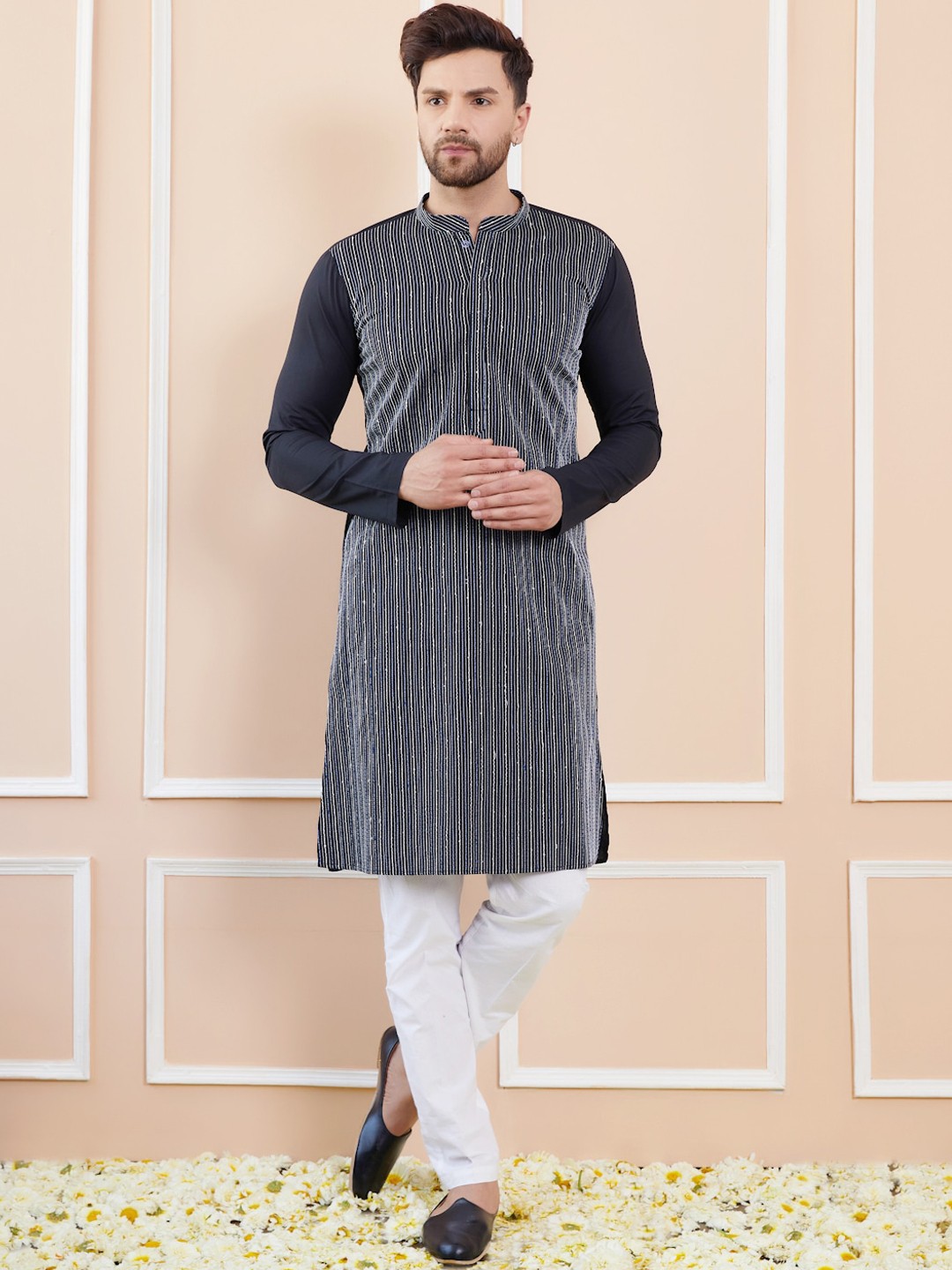 

See Designs Striped Long Sleeves Mandarin Collar Sequinned Pure Cotton Kurta with Pyjamas, Black