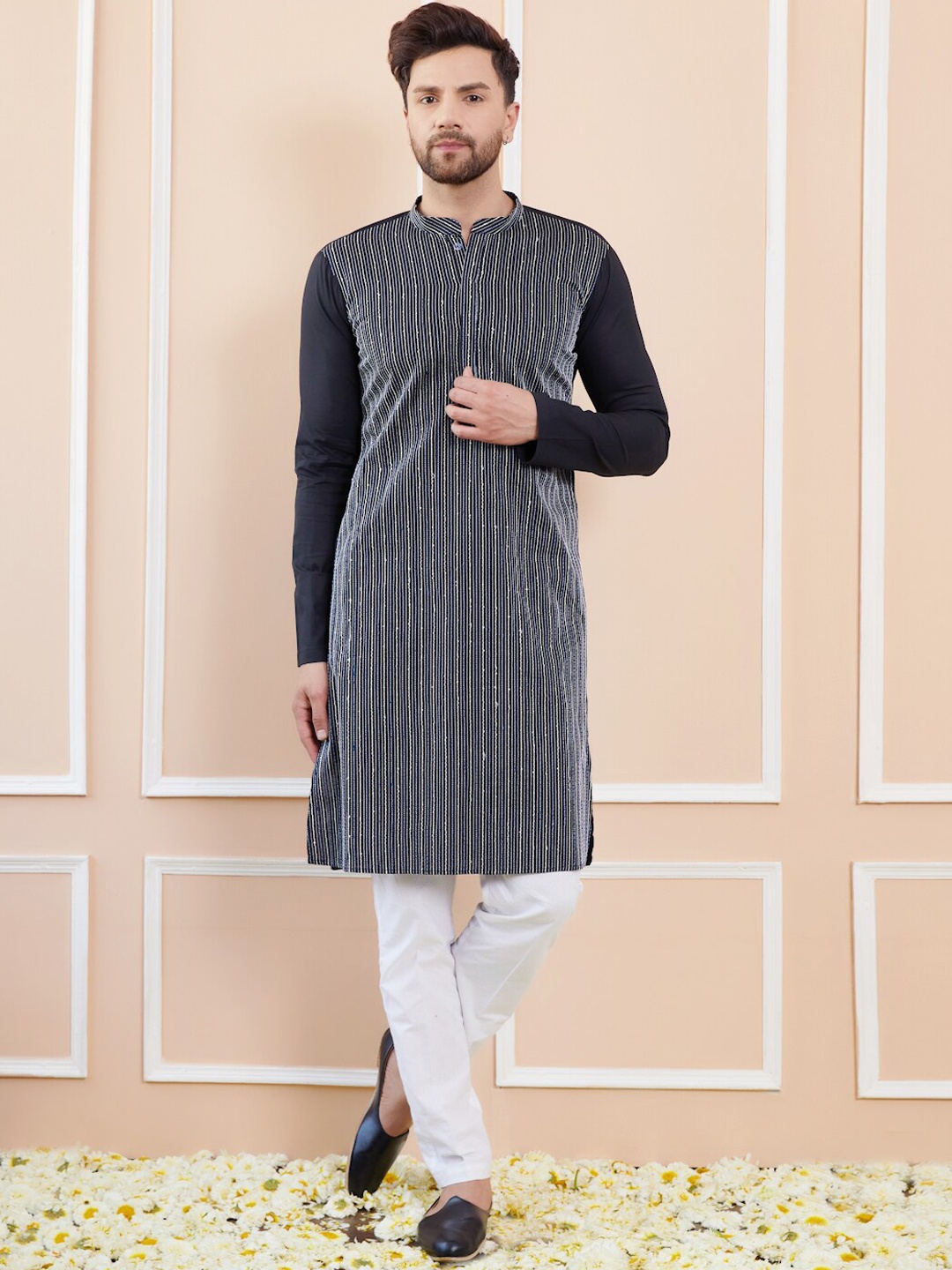 

See Designs Striped Mandarin Collar Thread Work Pure Cotton Straight Kurta, Black