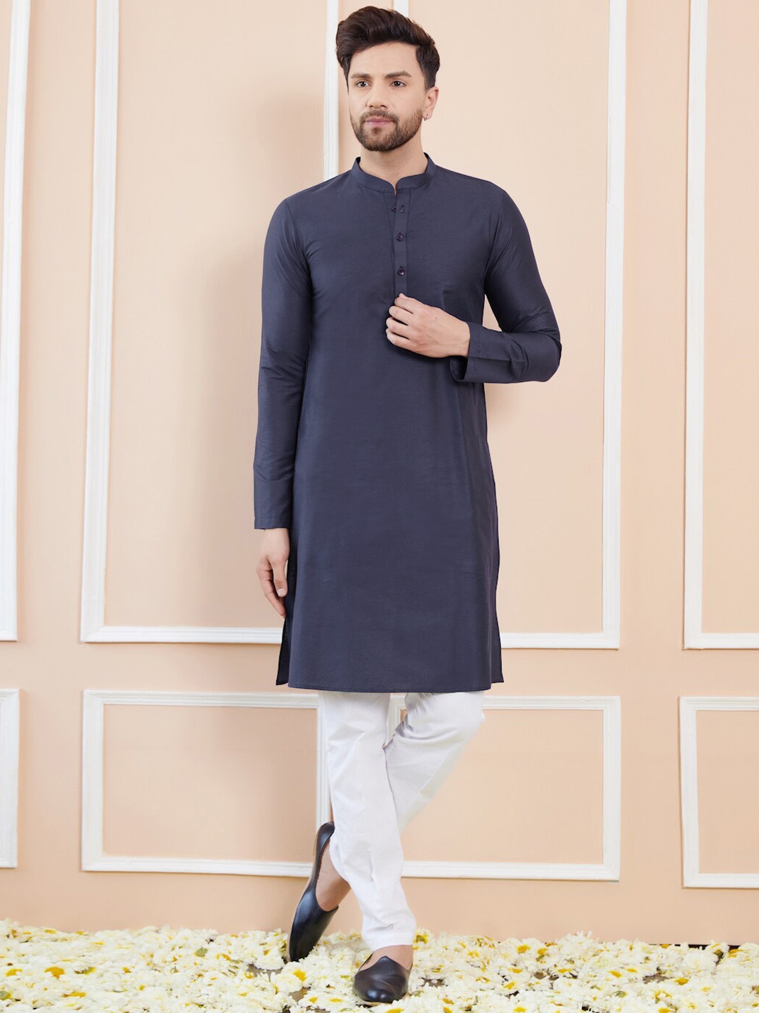

See Designs Mandarin Collar Long Sleeves Pure Cotton Straight Kurta, Blue