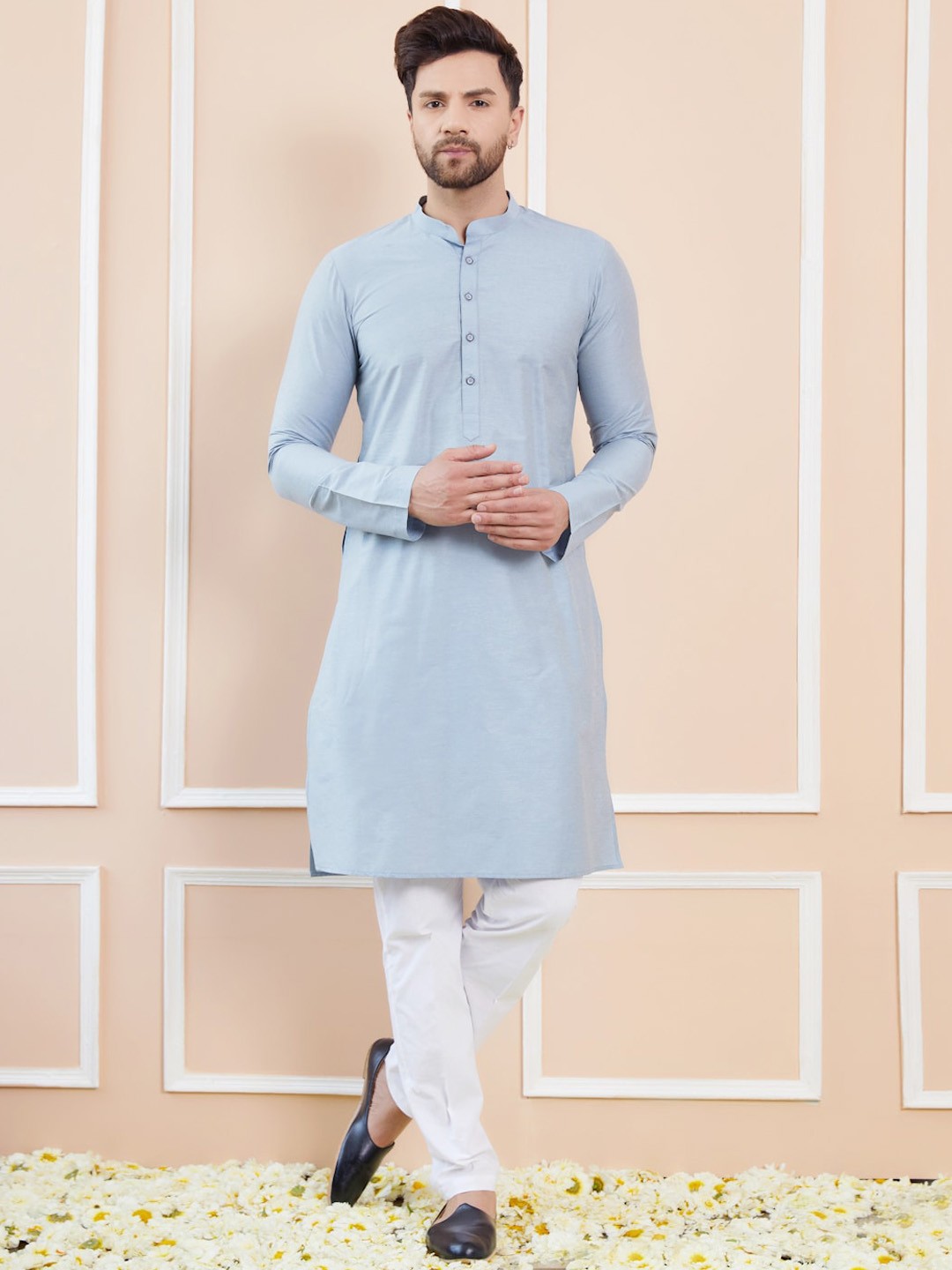 

See Designs Mandarin Collar Long Sleeves Cotton Kurta, Blue