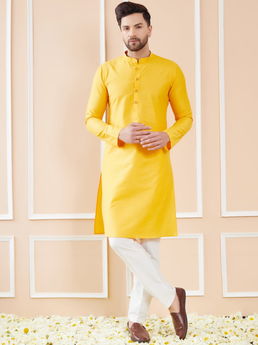 

See Designs Mandarin Collar Long Sleeves Pure Cotton Straight Kurta, Yellow