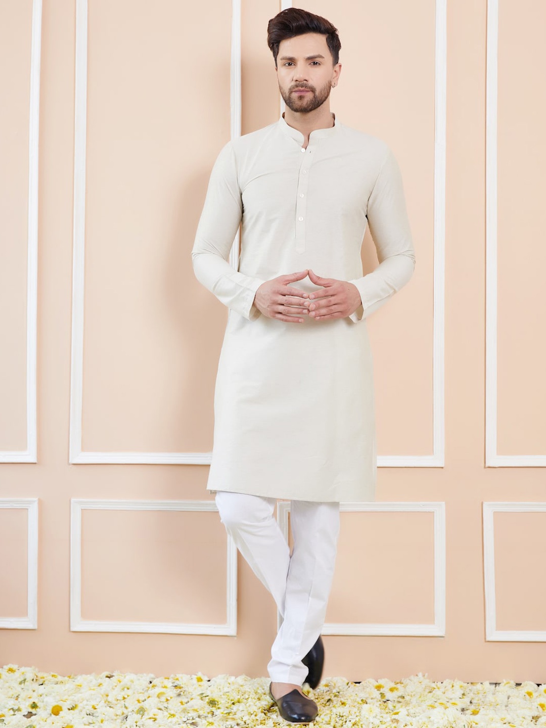 

See Designs Long Sleeves Mandarin Collar Cotton Thread Work Kurta, Cream