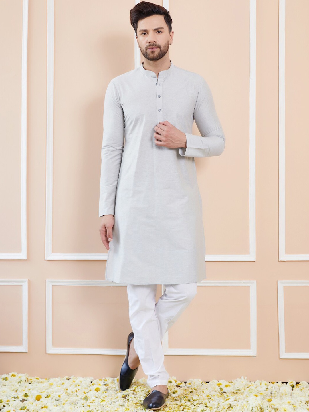 

See Designs Regular Long Sleeves Mandarin Collar Pure Cotton Kurta with Pyjamas, Off white