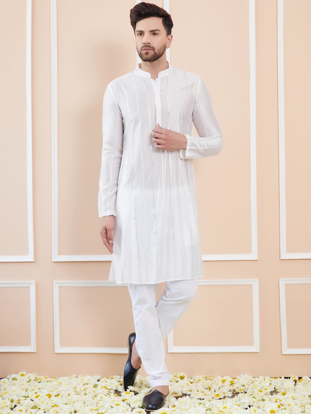 

See Designs Striped Mandarin Collar Sequins Chanderi Silk Straight Kurta, Off white