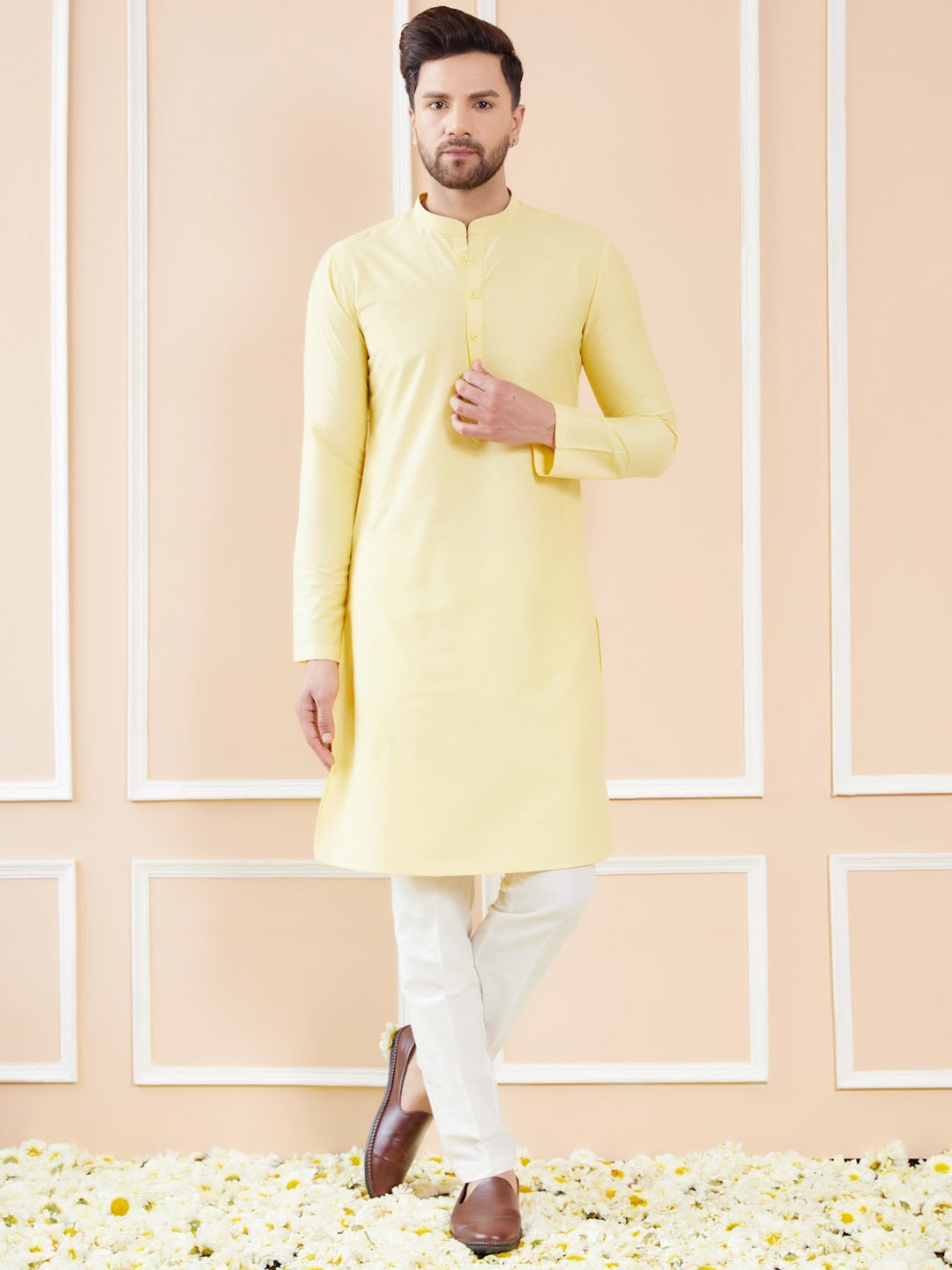 

See Designs Mandarin Collar Long Sleeves Pure Cotton Straight Kurta with Pyjamas, Yellow