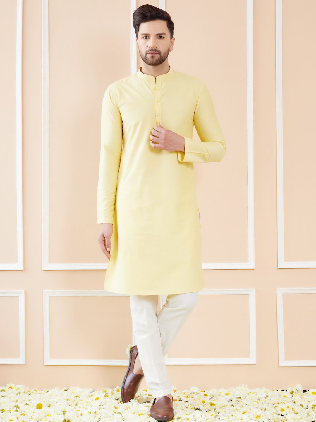 

See Designs Mandarin Collar Long Sleeves Pure Cotton Straight Kurta, Yellow