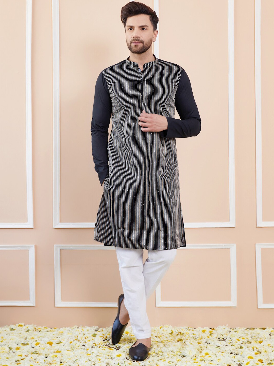 

See Designs Striped Regular Long Sleeves Mandarin Collar Pure Cotton Kurta with Pyjamas, Black