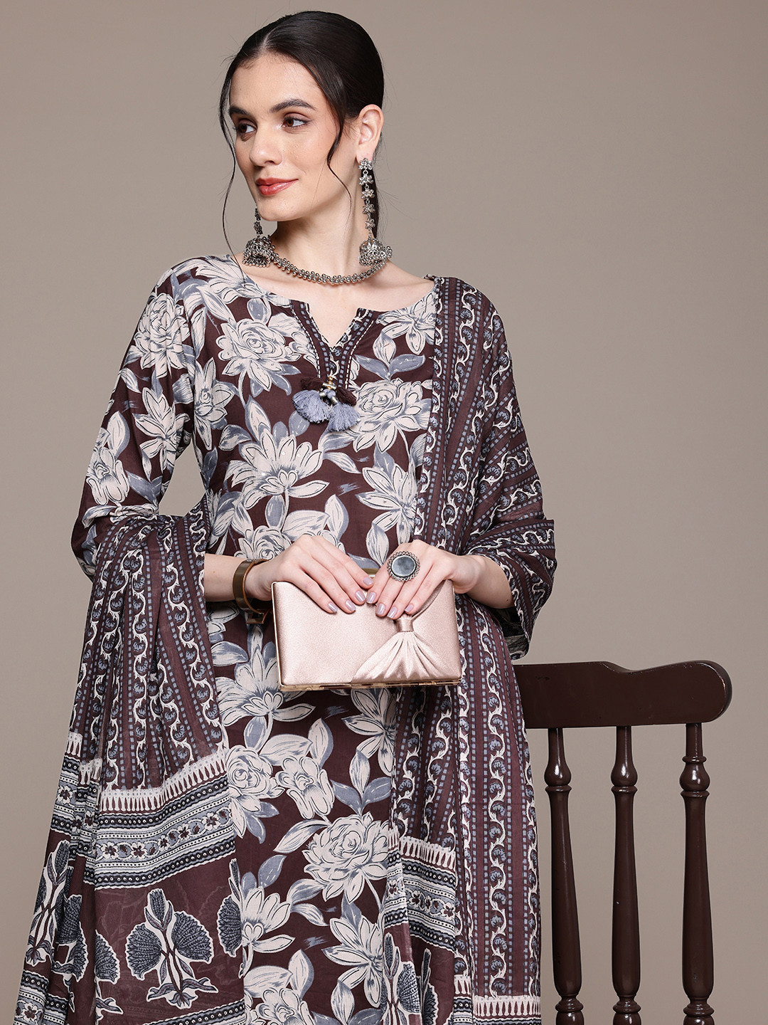 

Readiprint Floral Printed Regular Pure Cotton Kurta Set, Brown