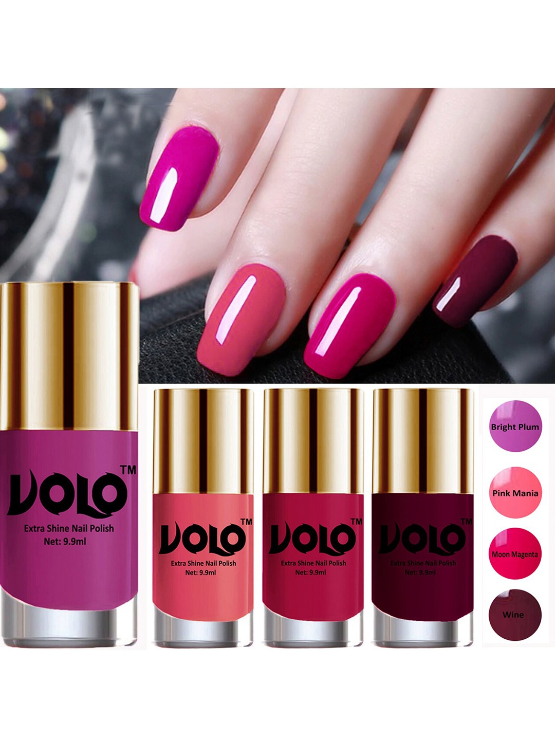 

VOLO Set Of 4 HD Colors Nail Polish-Bright Plum -Pink Mania-Moon Magenta -Wine-Combo No-1, Multi