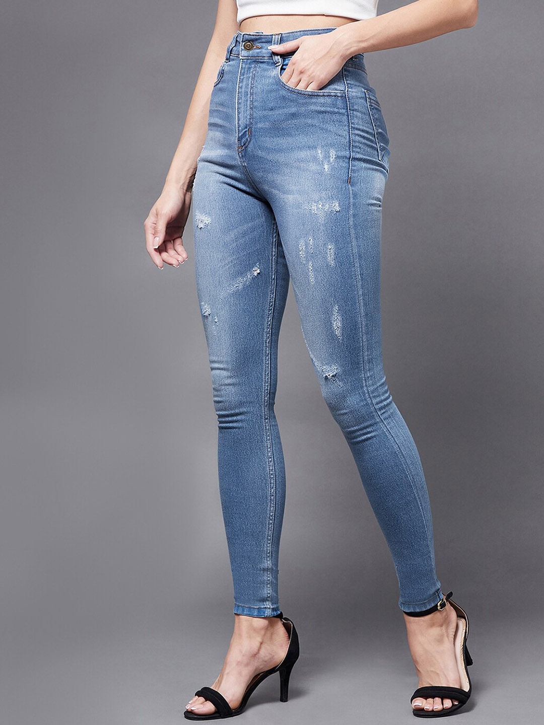 

Miss Chase Women Skinny Fit High-Rise Mildly Distressed Light Fade Stretchable Jeans, Blue