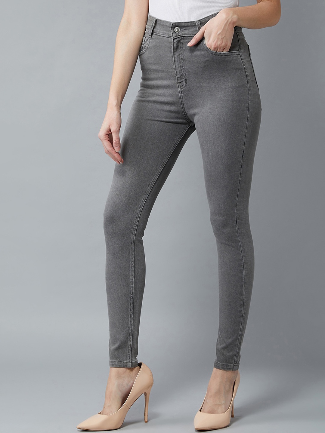 

Miss Chase Women Skinny Fit High-Rise Light Fade Stretchable Jeans, Grey