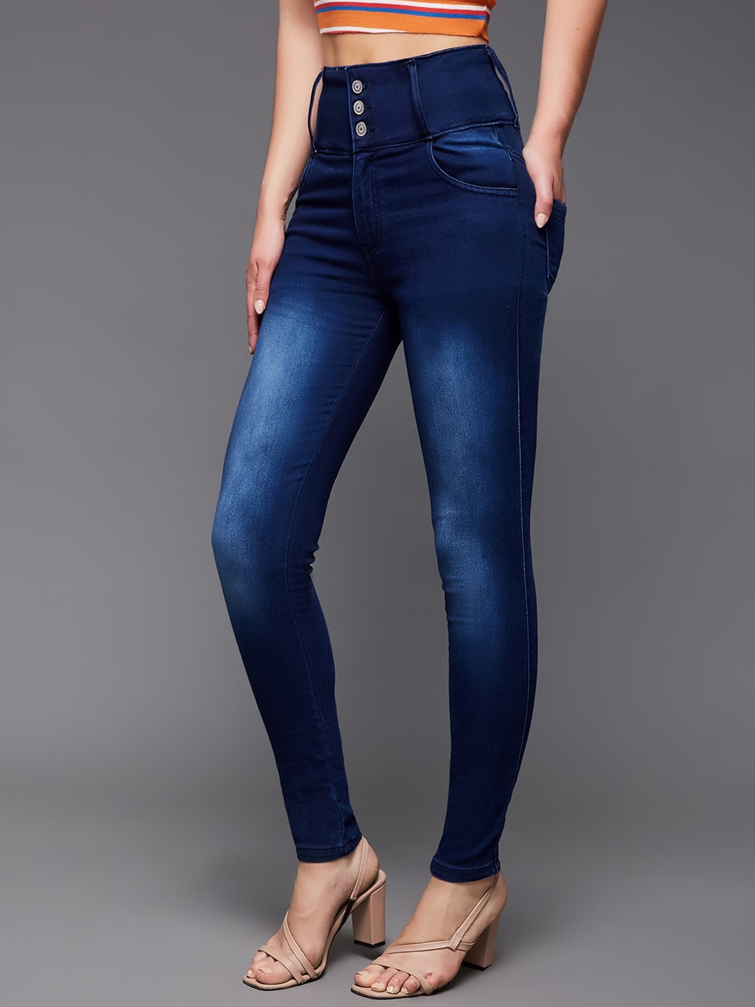 

Miss Chase Women Skinny Fit High-Rise Clean Look Light Fade Stretchable Jeans, Navy blue