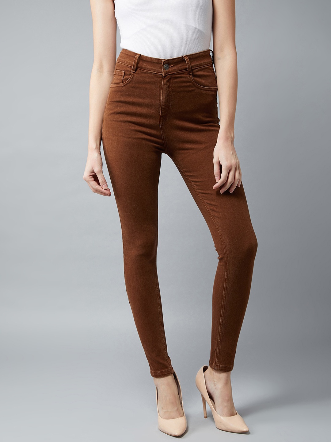 

Miss Chase Women Skinny Fit High-Rise Stretchable Jeans, Brown