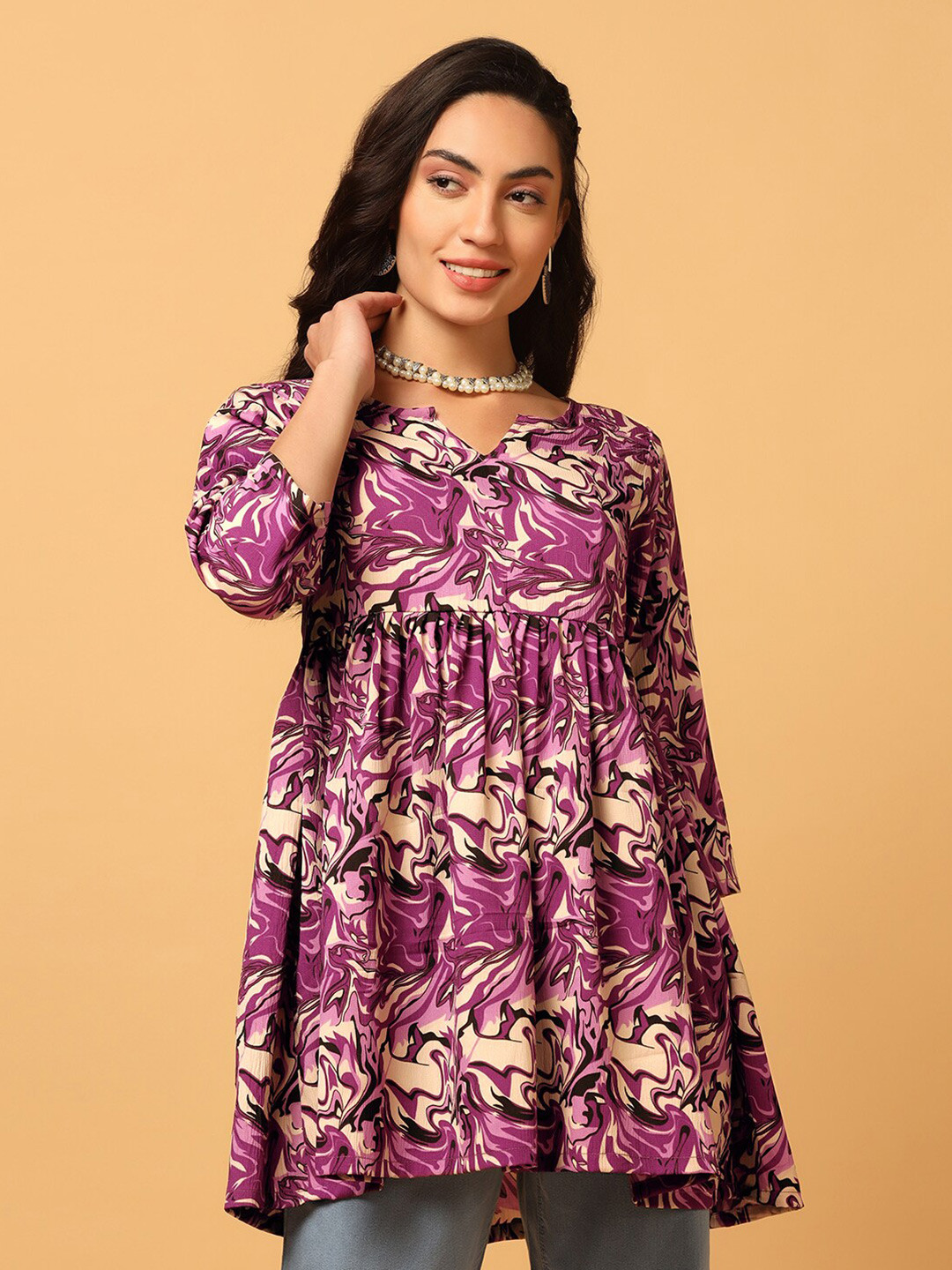

FASHION DREAM Abstract Print Round Neck A-Line Top, Purple