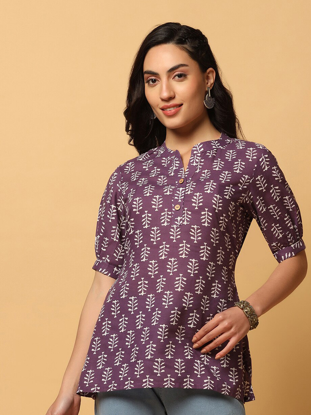 

FASHION DREAM Floral Print Mandarin Collar Short Sleeves Cotton Top, Purple