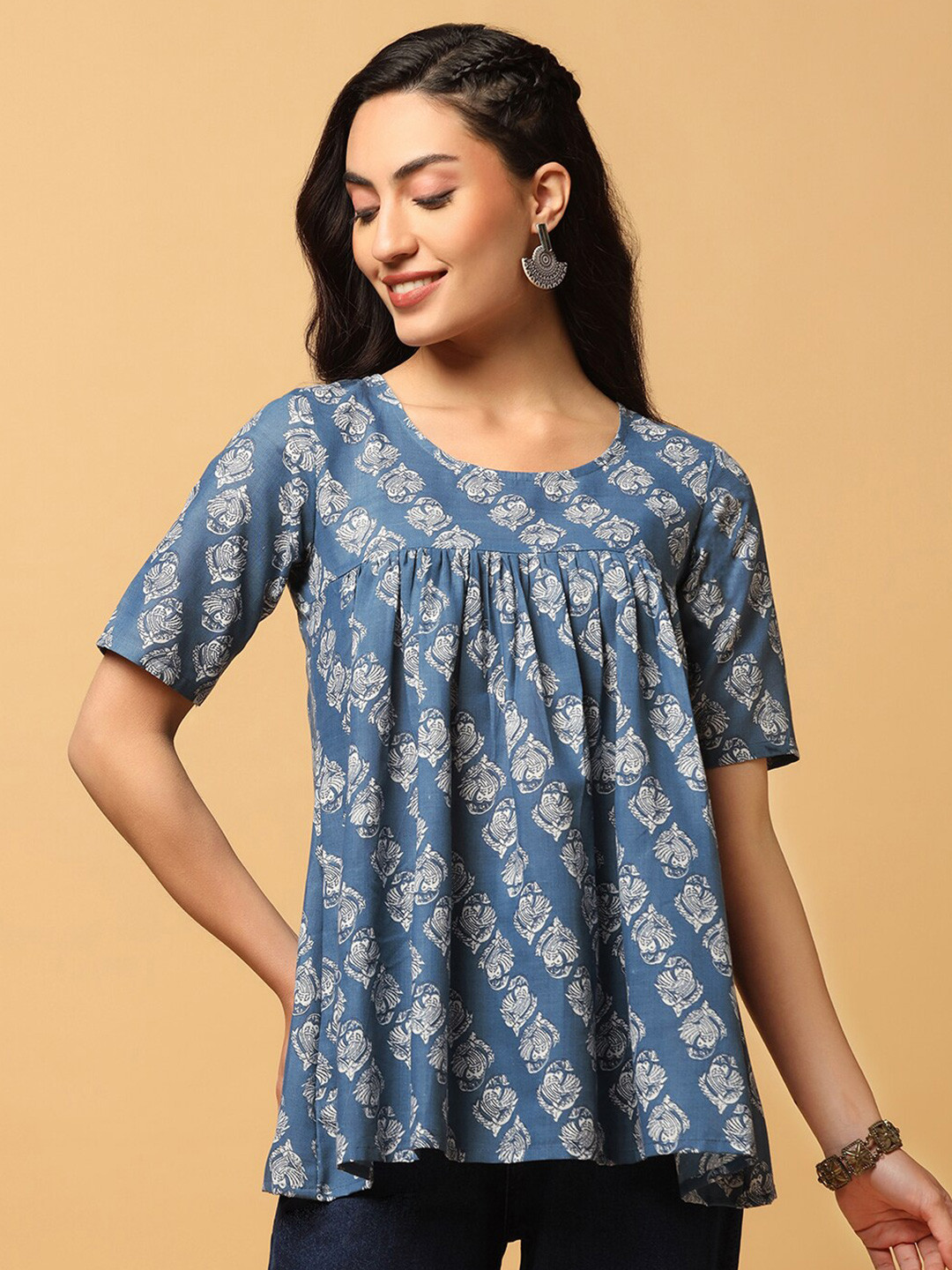 

FASHION DREAM Floral Print Round Neck Short Sleeves Cotton A-Line Top, Blue