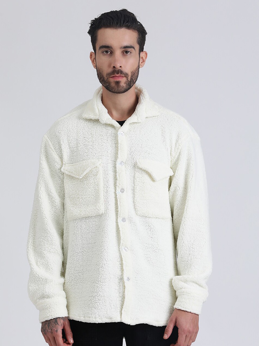 

HEMSTERS Comfort Textured Self Design Cotton Casual Shacket, Off white