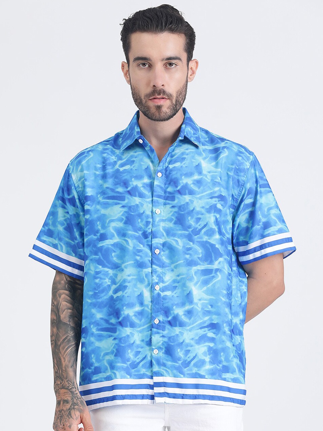 

HEMSTERS Comfort Abstract Printed Cotton Casual Shirt, Blue