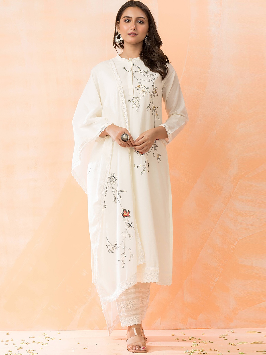 

SACRED SUTA Floral Printed Pure Cotton Sequinned Straight Kurta With Trousers & Dupatta, White