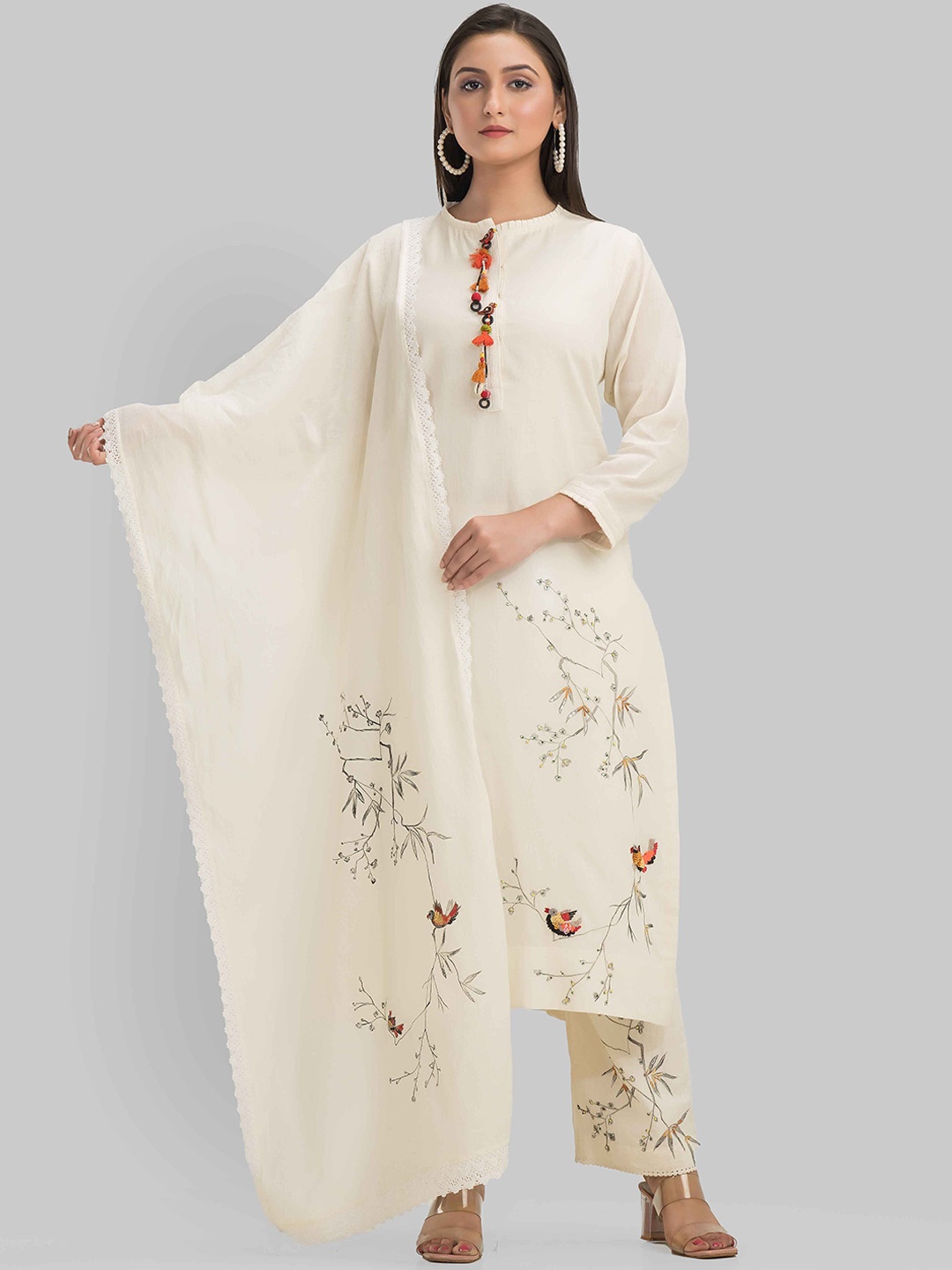 

SACRED SUTA Floral Printed Pure Cotton Straight Kurta With Trousers & Dupatta, White