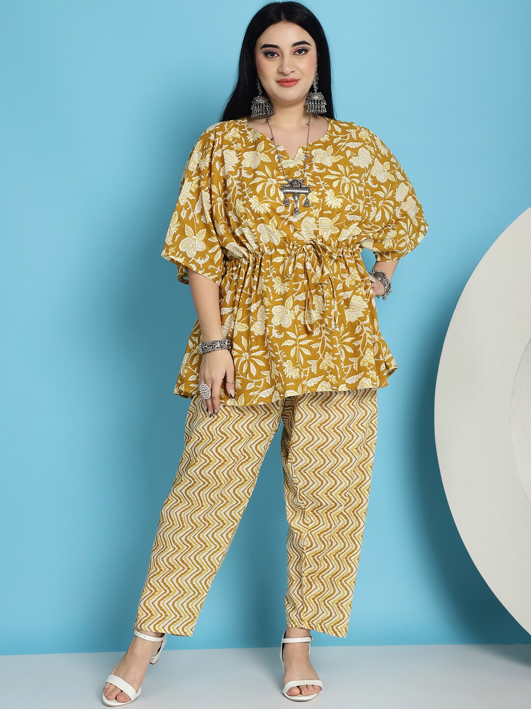 

TAG 7 PLUS Printed Pure Cotton Kaftan with Trousers Ethnic Co-Ords, Yellow