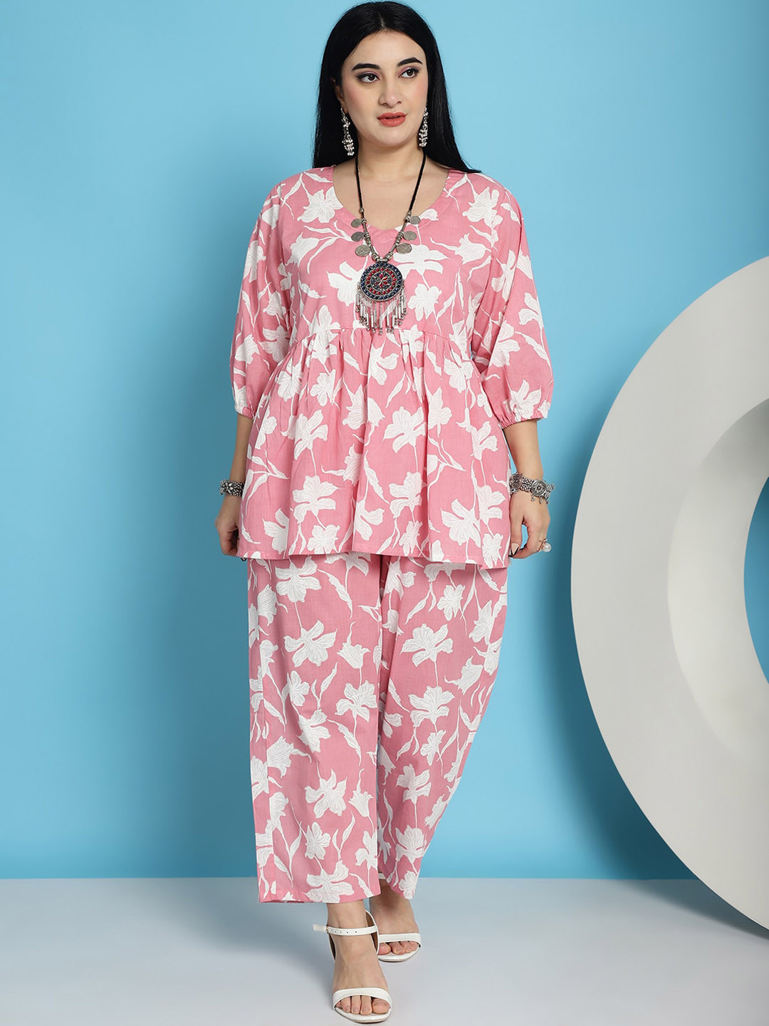 

TAG 7 PLUS Floral Printed Pure Cotton Tunic With Trousers, Pink